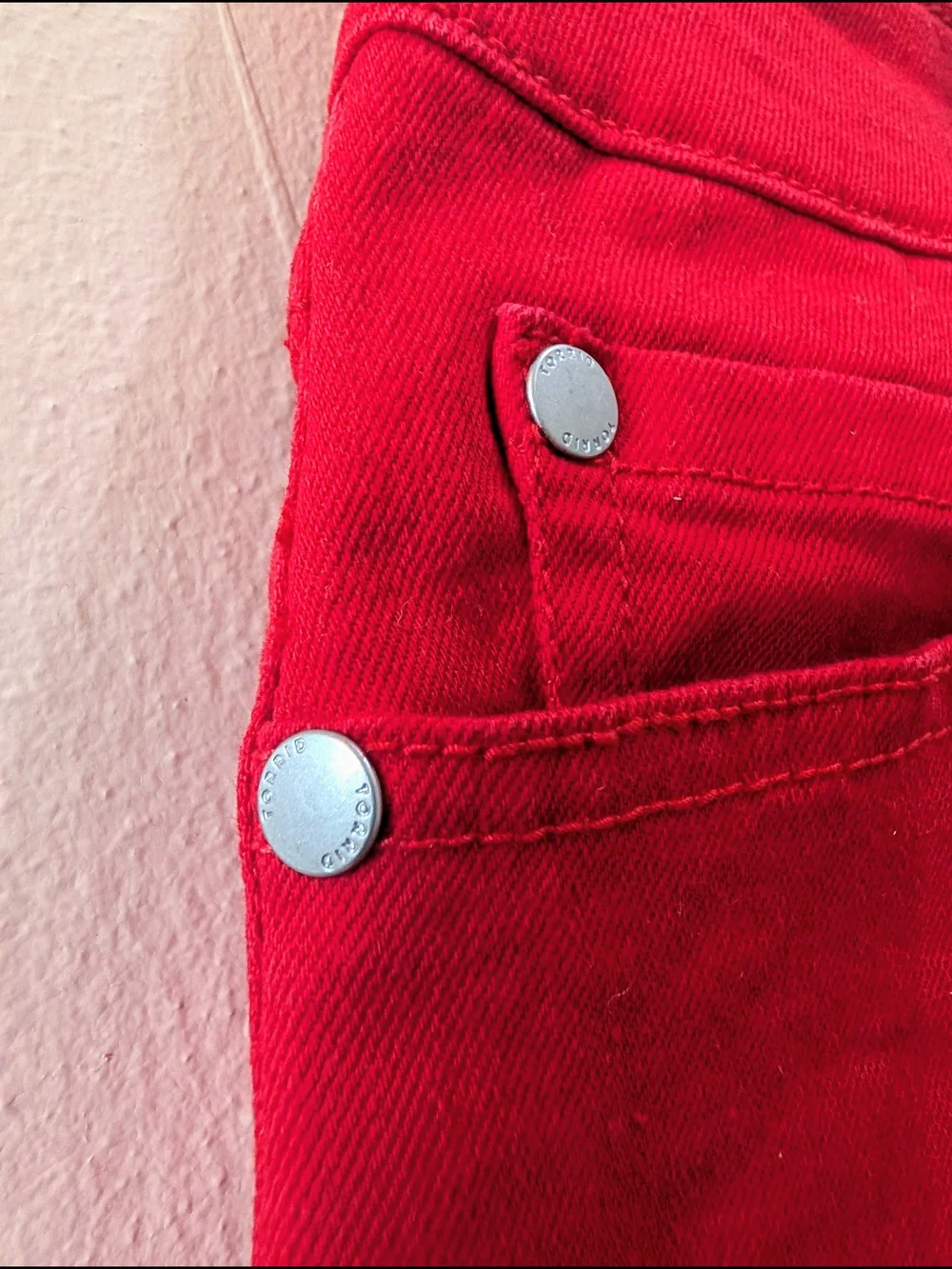 Torrid Women’s Plus *Size 14* Red Solid Mini Denim Skirt Stretch with Pockets!